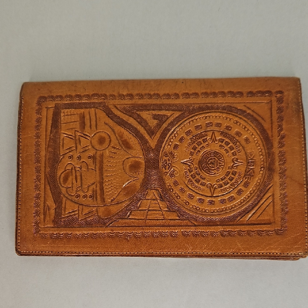 Vintage Tooled Leather Wallet Mayan Calendar Billfold 1970s 1980s